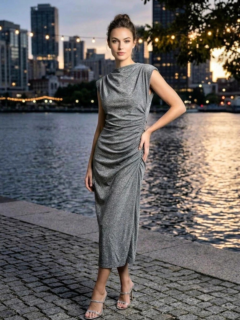 Dress Forum Metallic Ruched Cowl Neck Midi Dress in Gray